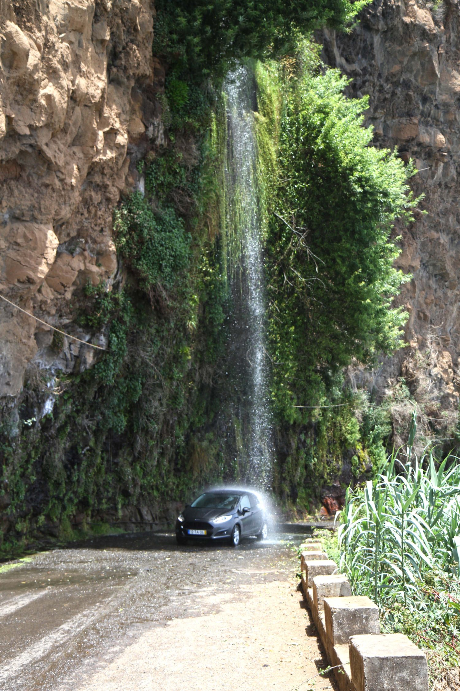 voiture sous la cascade à madère 