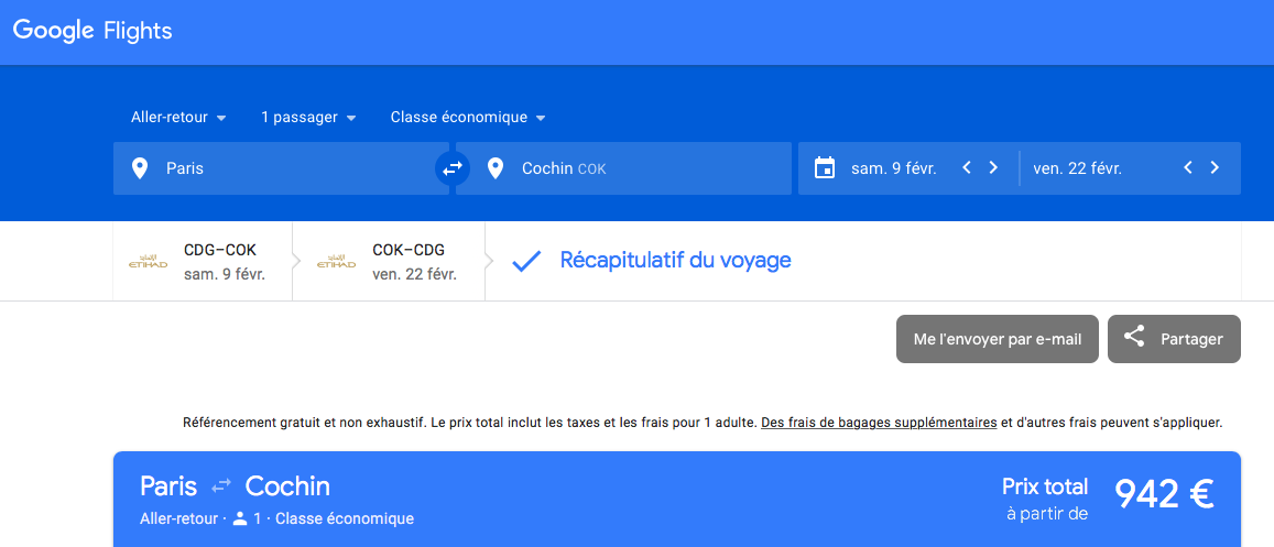 Google Flight : pour trouver le billet le moins cher entre Paris et Cochin